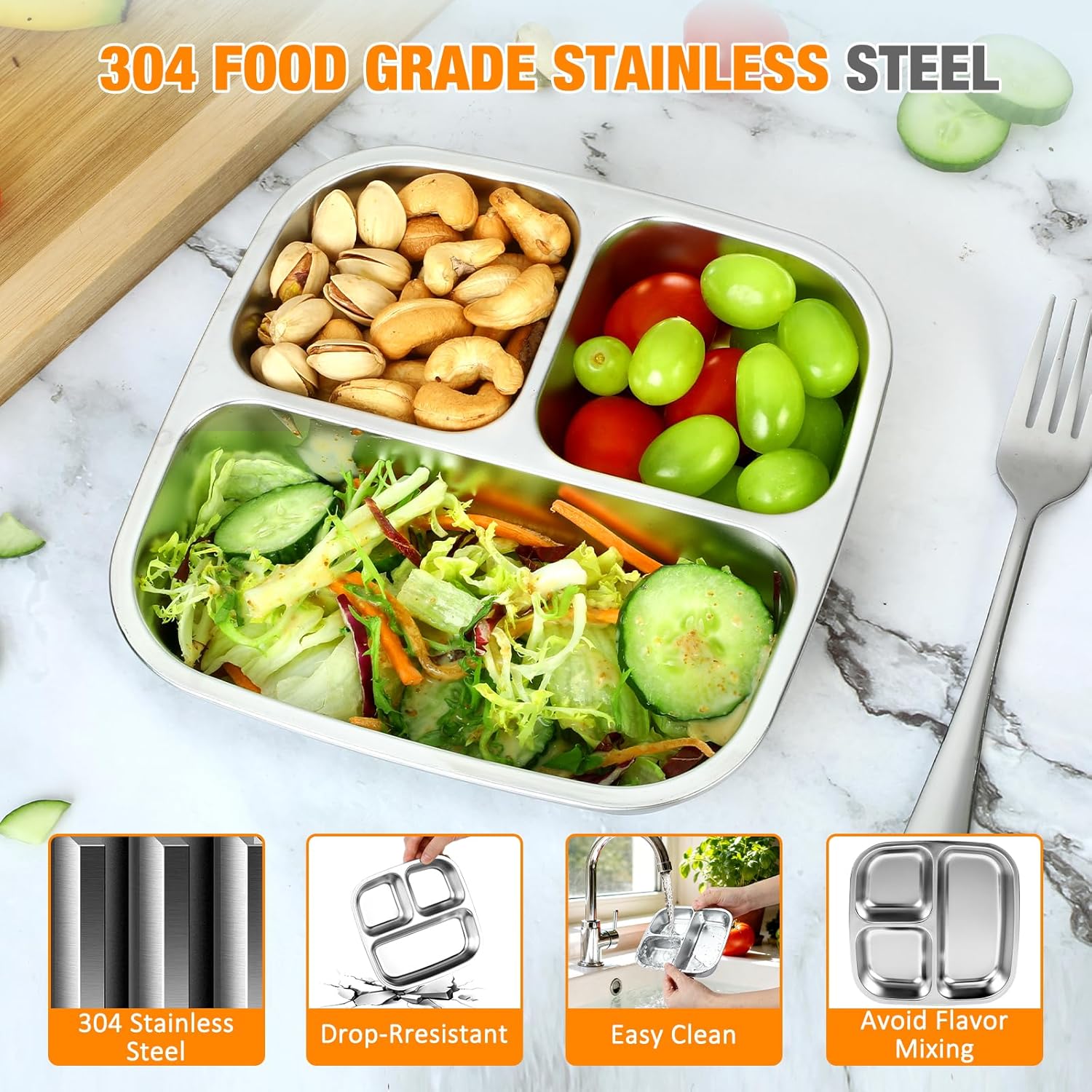 Stainless Steel Snack Containers With Lids, 3 Compartment Leak-proof Bento Box, 20 oz Reusable Grab and Go Food Storage Containers for School, Home, Office โ image 3