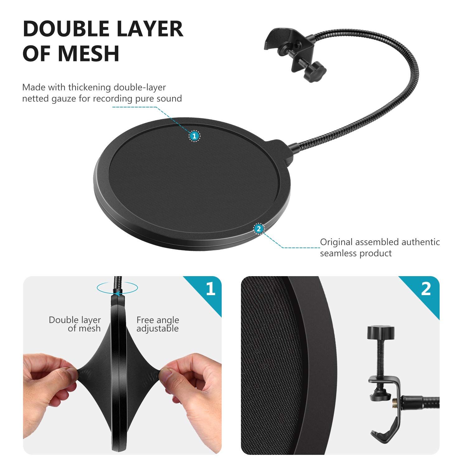 Any other microphone, double-layer windproof screen, with flexible 360 degree gooseneck clip stabilizing arm — image 2