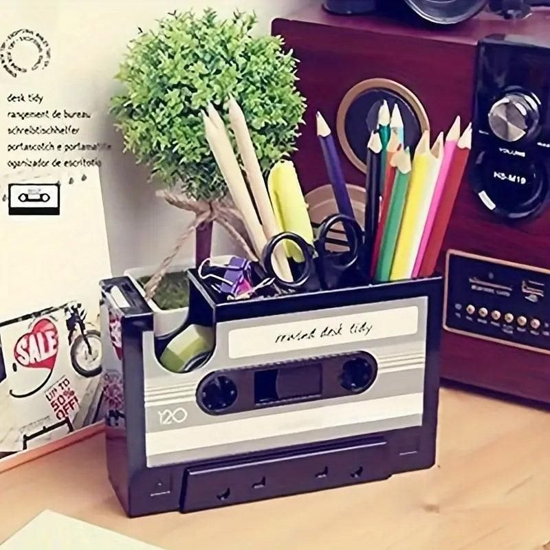 Retro Cassette Tape Style Pen Holder with Tape Dispenser Desktop Organizer - Blue — image 5