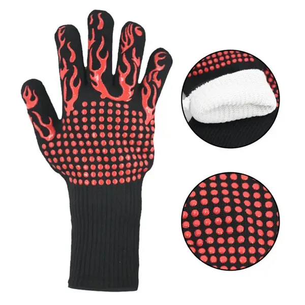 Heat Resistant Five Finger Grill Gloves with Cotton Lining and Non-Slip Grip for BBQ, Ovens and Outdoor Cooking, Black and Red — image 2