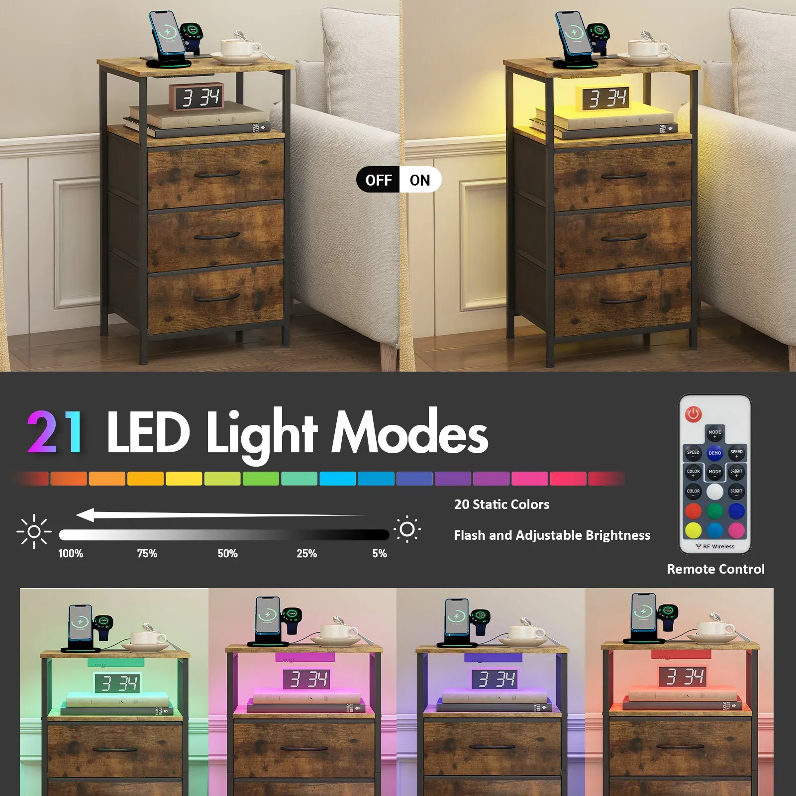 Nightstand with RGB LED Light and Charging Station, Brown, 40x30x70cm โ image 5