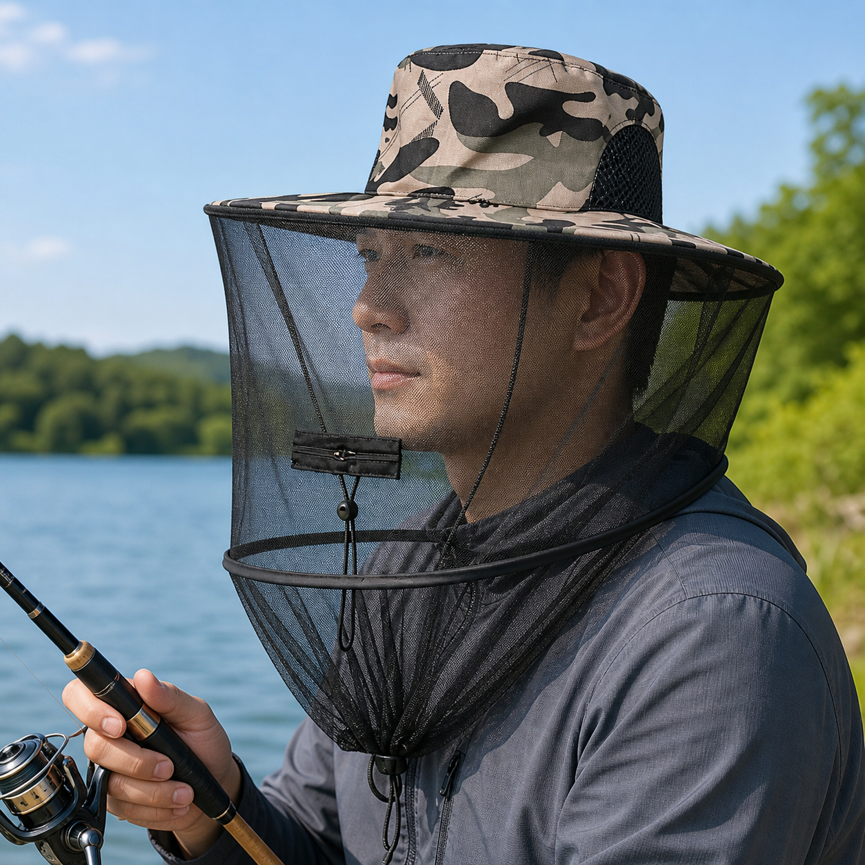 Camouflage-3 Foldable Mosquito Net Fishing Hat with Storage Bag - Wide Brim Sun Shade and Adjustable Dense Mesh Face Veil, Outdoor Headwear for Angling & โ image 5