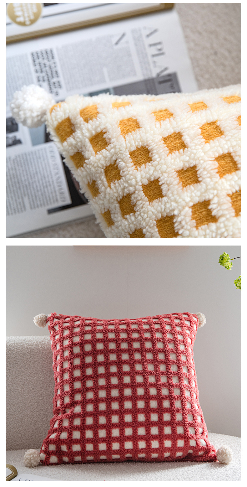 Blue and Yellow 3D Checkered Cushion Cover with Pom Poms - Soft Decorative Pillow Case for Sofa & Living Room (45x45cm, Cover Only) — image 6