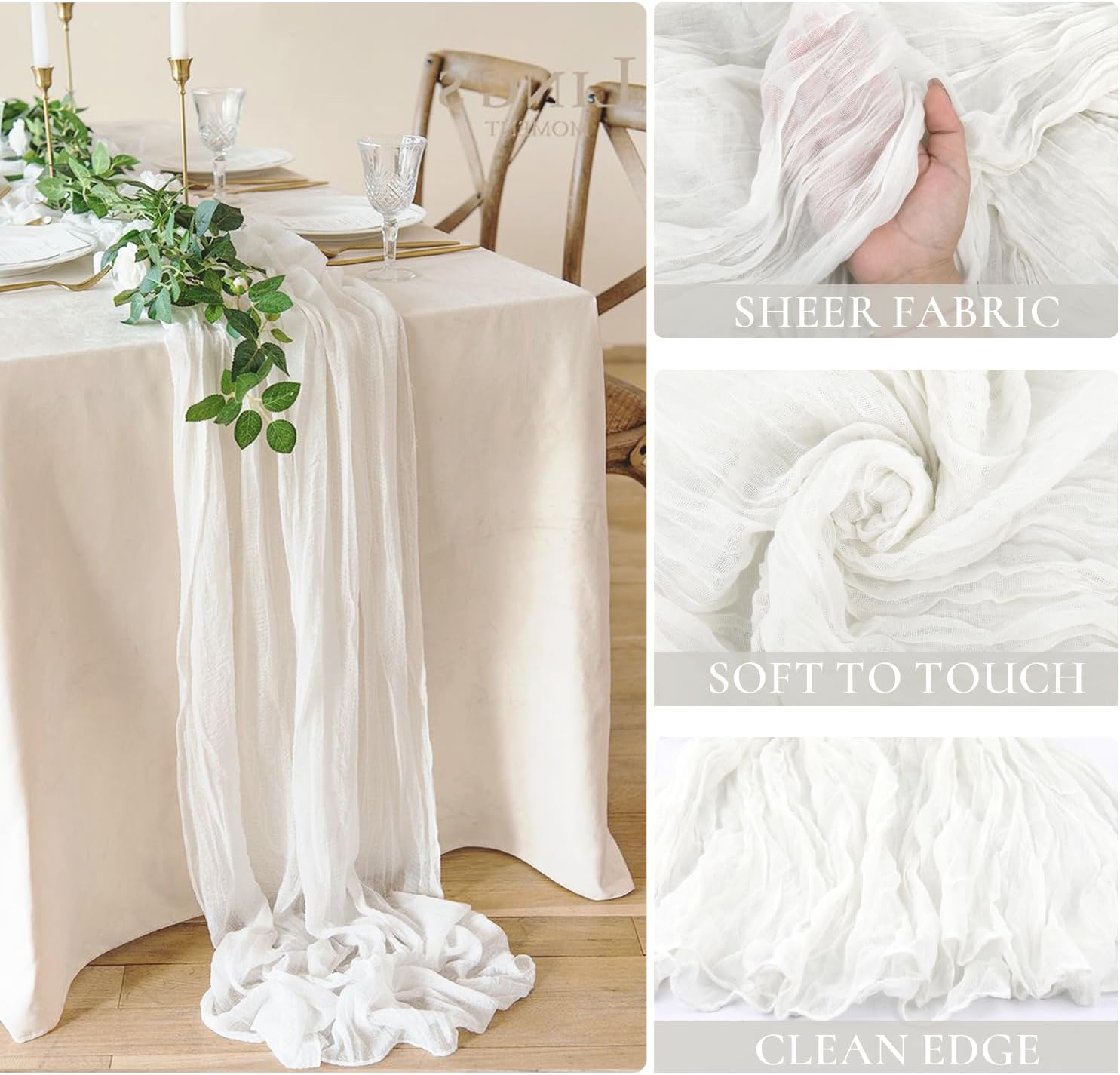 White Cheesecloth Table Runner 10FT Long Boho Gauze Table Runner Rustic Sheer Runner for Wedding Bridal Baby Shower Birthday Party Table Decor Decorations — image 3