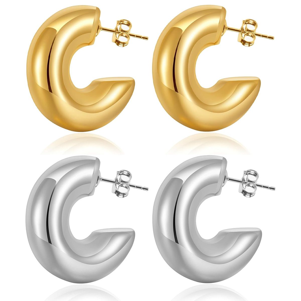 2 pairs Gold Hoop Earrings for Women Plated Chunky Gold Earrings Open Gold Hoops Hypoallergenic Lightweight Earrings