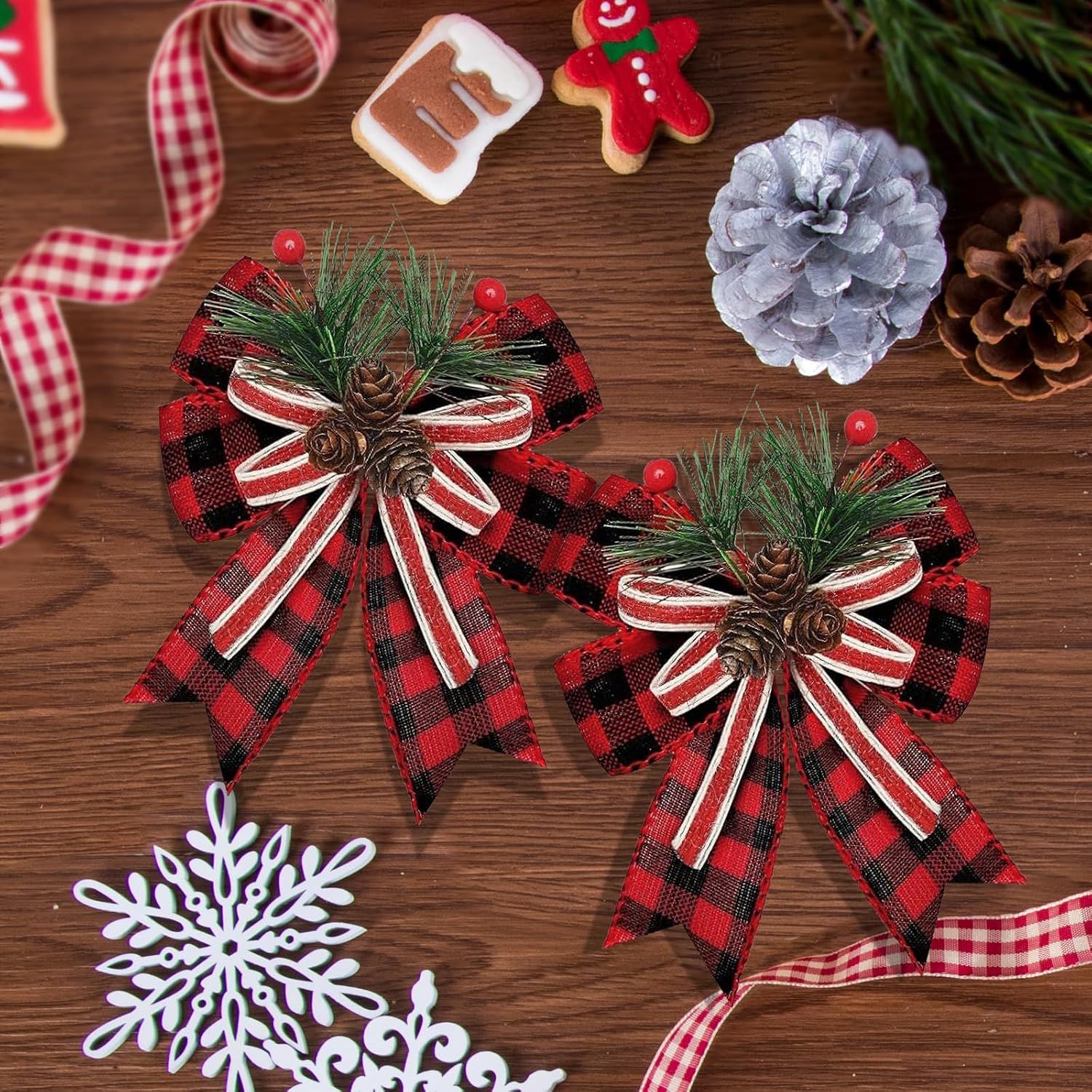 2026 New 6Pcs Christmas Burlap Plaid Bow with Pine Cones Pine Needles Xmas Checkered Ribbon Bow Christmas Tree Decoration Bows for Christmas Parties Indoor โ image 2
