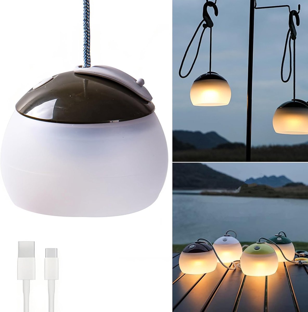 Night Light - Outdoor Camping Lamp - Atmospheric Decorative Lighting - Round Camping Lamp - 3 Brightness Levels - Hook Mount - Suitable for emergencies, tents