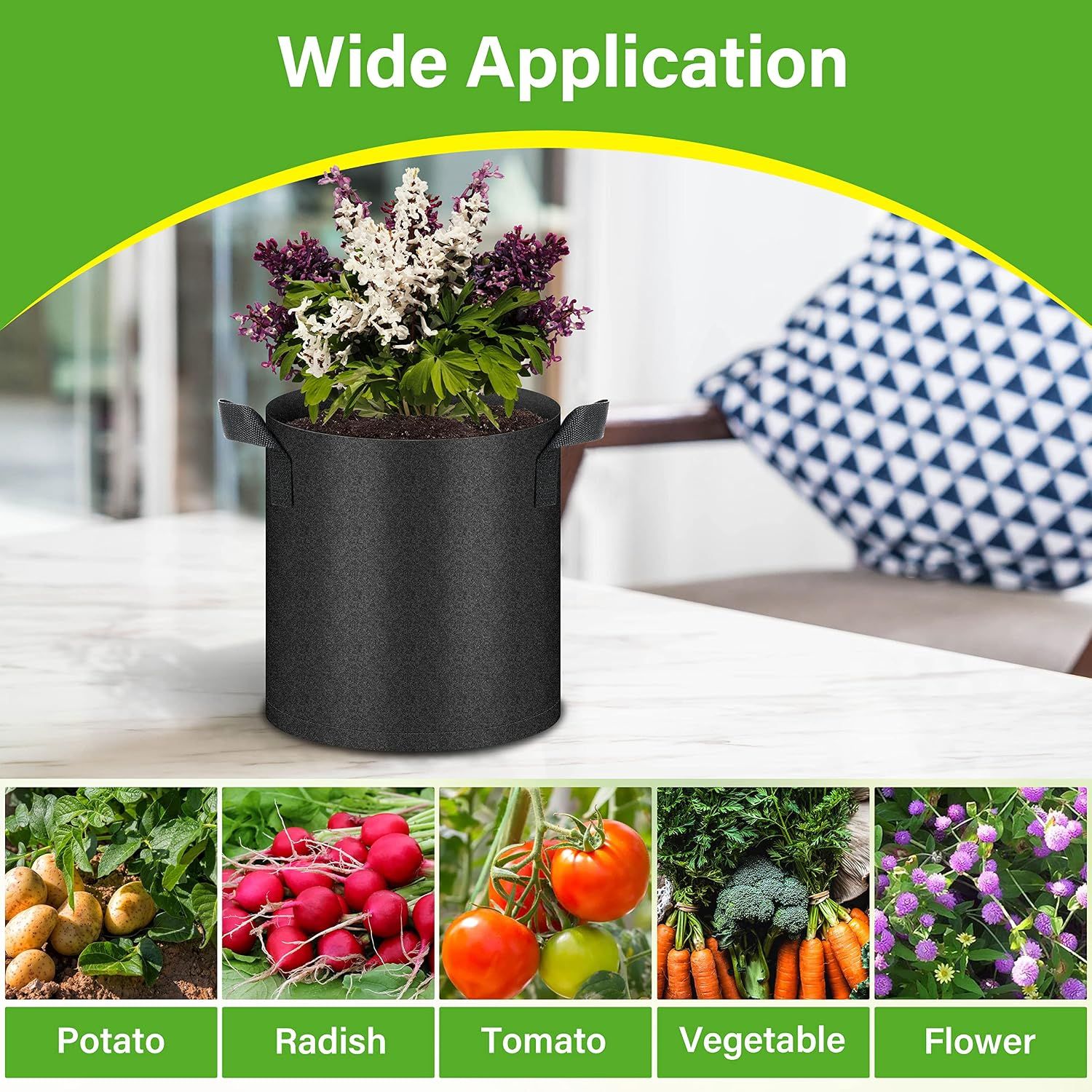 HealSmart 6-Pack 2 Gallon Nonwoven Grow Bags - Aeration Fabric Pots with Handles for Garden Fruits Vegetables Flowers - Black โ image 6