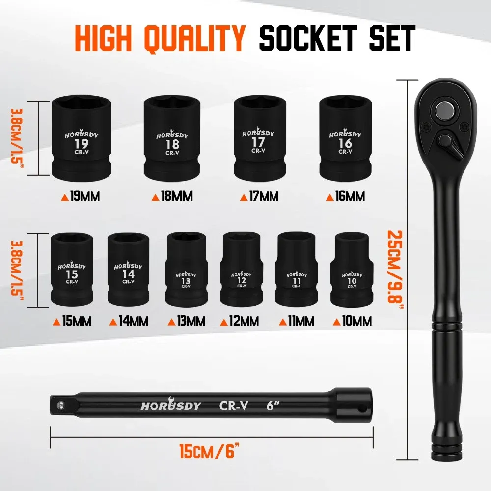 SEDY 12Pcs 1/2" Drive Socket Wrench Set CR-V 72T Ratchet Metric 10-19mm Holder — image 2