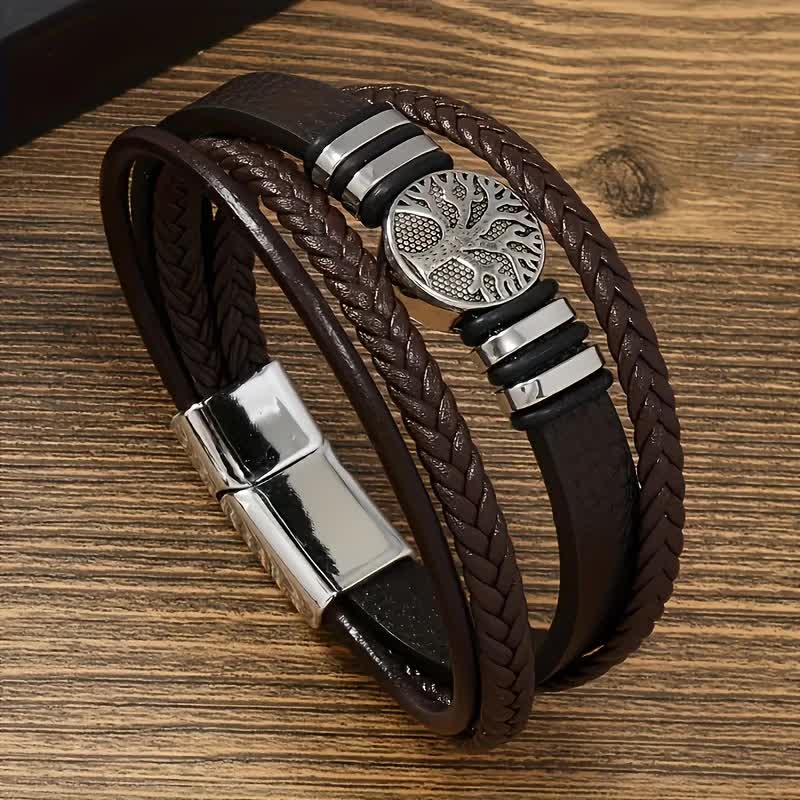 2PCS Handwoven Tree of Life Magnetic Clasp Bracelet, featuring a black synthetic leather double-layer design. Blending vintage charm with contemporary style โ image 4