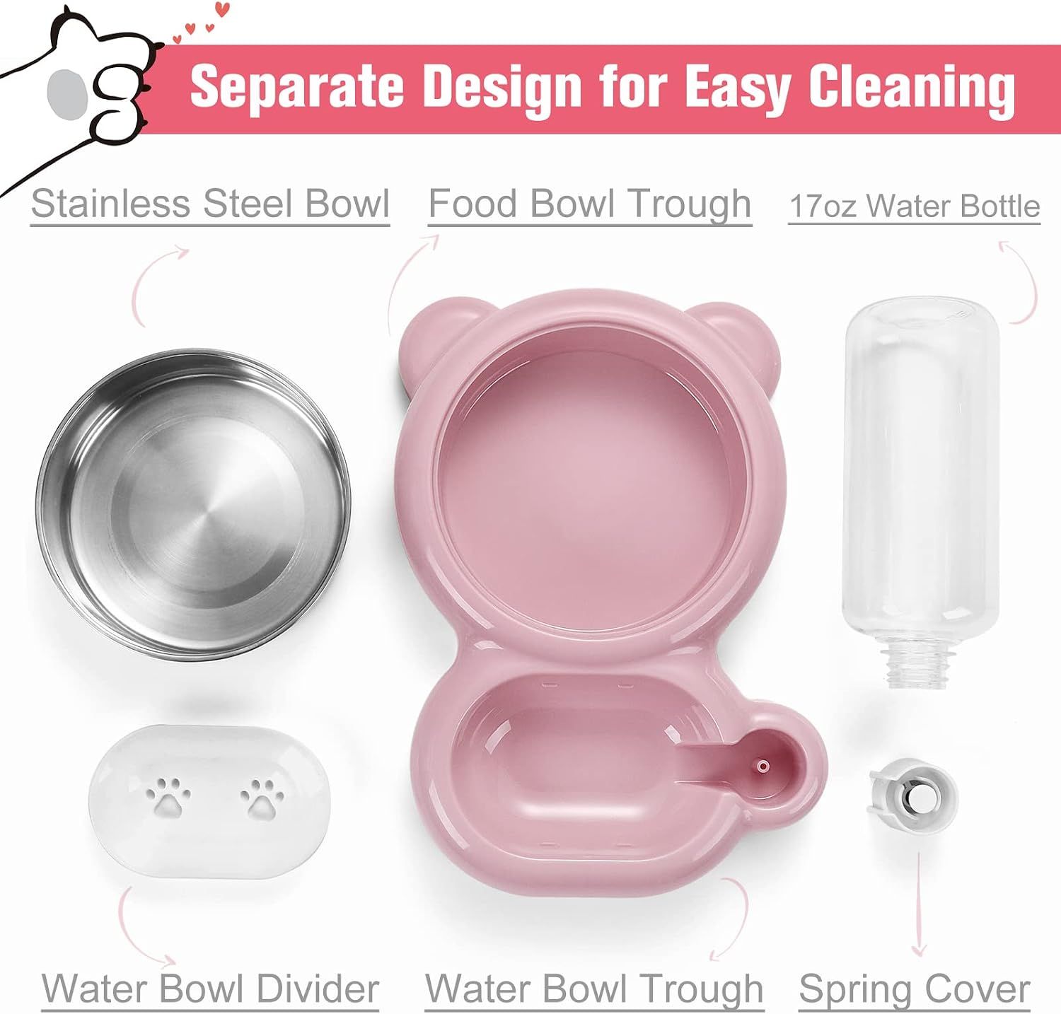 Cat Food and Water Bowl 2 in 1 with Automatic Water Dispenser Pink, 500 ml โ image 3