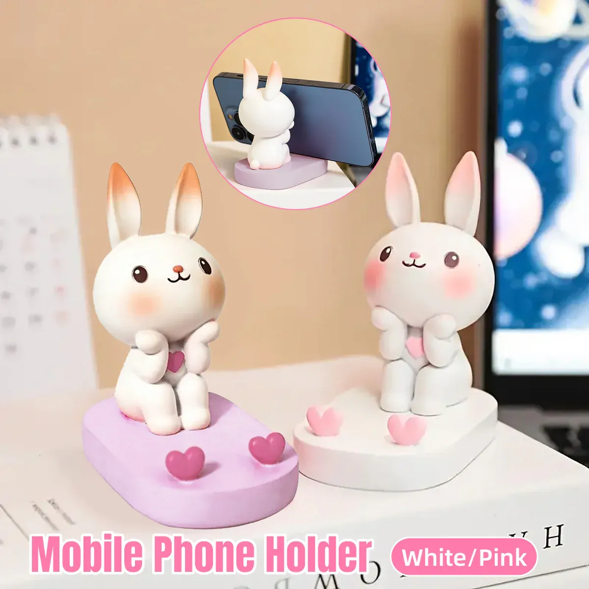 Cartoon Rabbit Phone Holder Desktop Stand Cute Mobile Phone Stand for Office - Pink β image 2