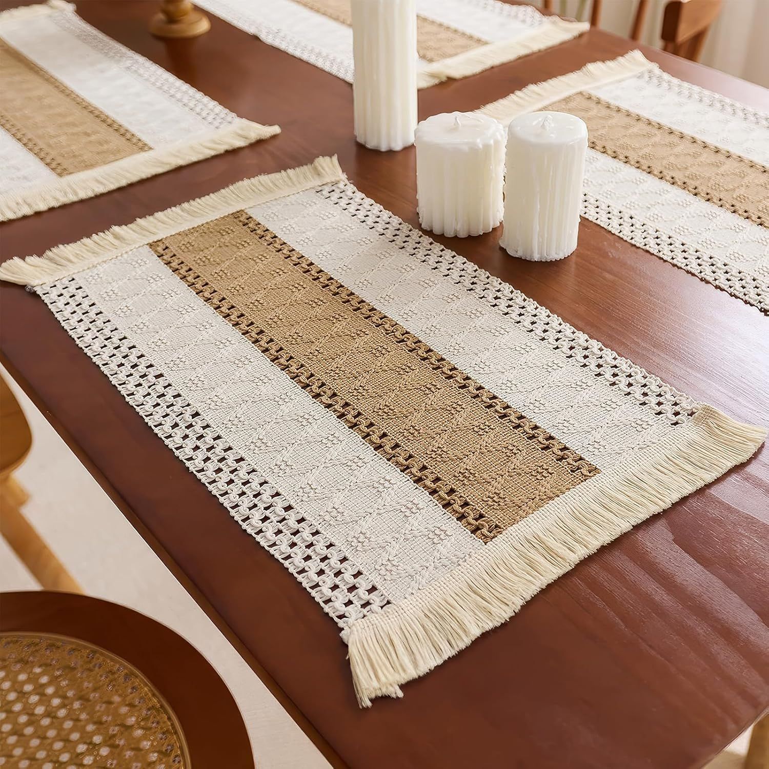 A set of 4-piece washable cotton farmhouse table mat, woven dining table decoration for home decor,Heat-Resistant Rustic Natural Rectangular Mats,30*40 — image 3