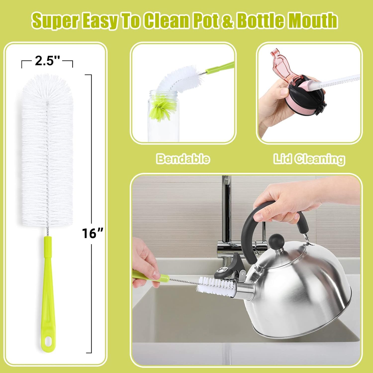 Bottle Cleaning Brush Set - Long Handle Bottle Cleaner for Washing Narrow Neck Beer Bottles, Sports Water Bottles with Straw Brush, Kettle Spout/Lid Cleaner — image 3