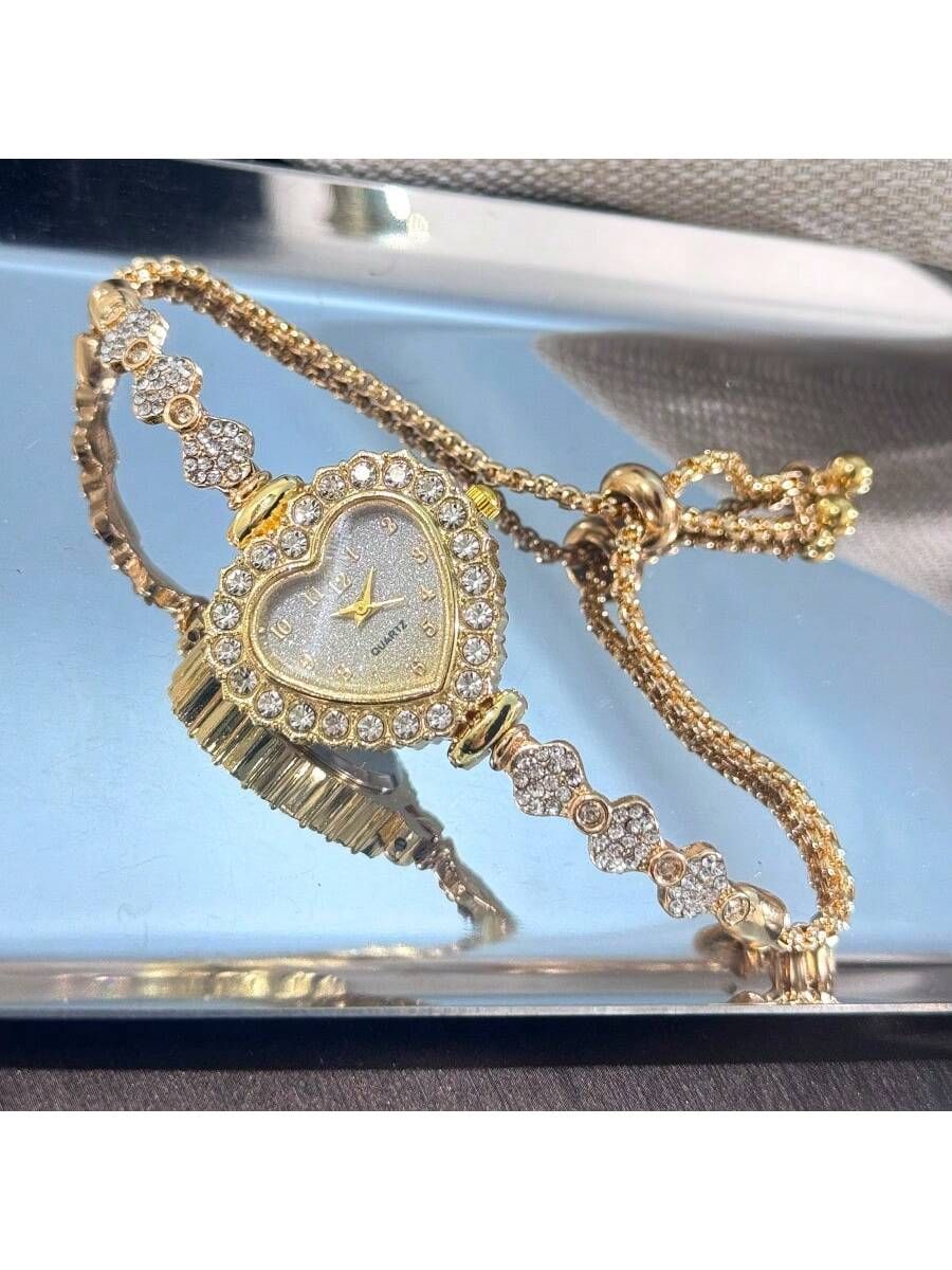 1pc Women s Gradient Gold Alloy Bracelet Watch Fashion Heart Shaped Case Arabic Numeral Dial Adjustable Drawstring Daily Decoration Ideal Valentine s — image 4