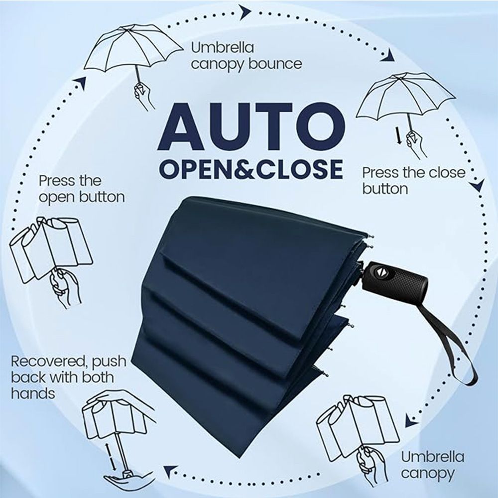 46 inch Navy Blue Windproof Automatic Travel Folding Umbrella and Black Absorbent Hanging Storage Pouch Set – Compact 3-Fold Auto Open Close Umbrella wth — image 2