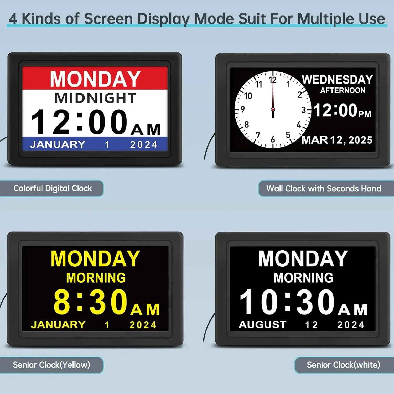 Dementia Digital Clock for Seniors, Extra Large Electric Calendar Clock With 20 Alarms Auto DST and HD Display, 10 in, 1024 × 600P — image 4