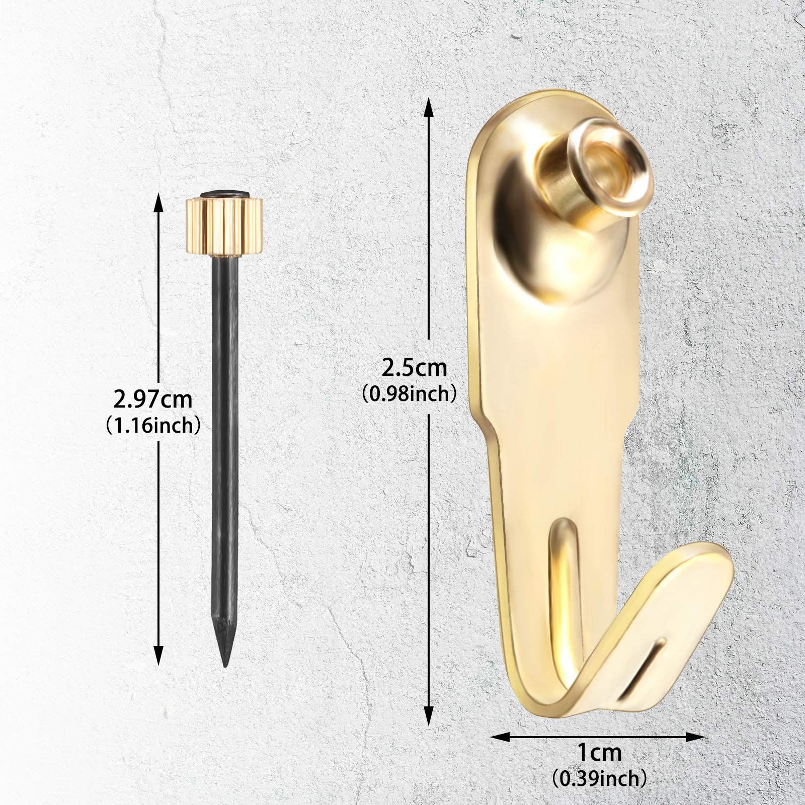 Plaster Picture Hangers Hooks Picture Gold Hanging Picture Kit with Nails for Wooden Wall Drywall Mounting (50 Pieces, 20 lbs) โ image 2