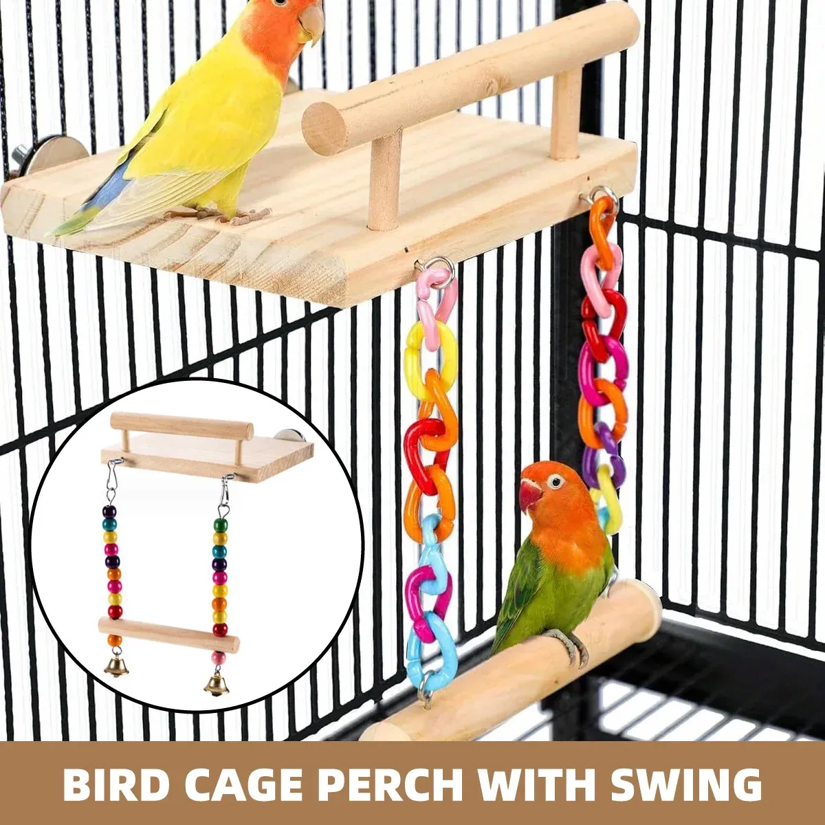 Bird Swing Parrot Cage Toy Wooden Swing with Beads and Bells Hanging Play - Chain Swing โ image 2