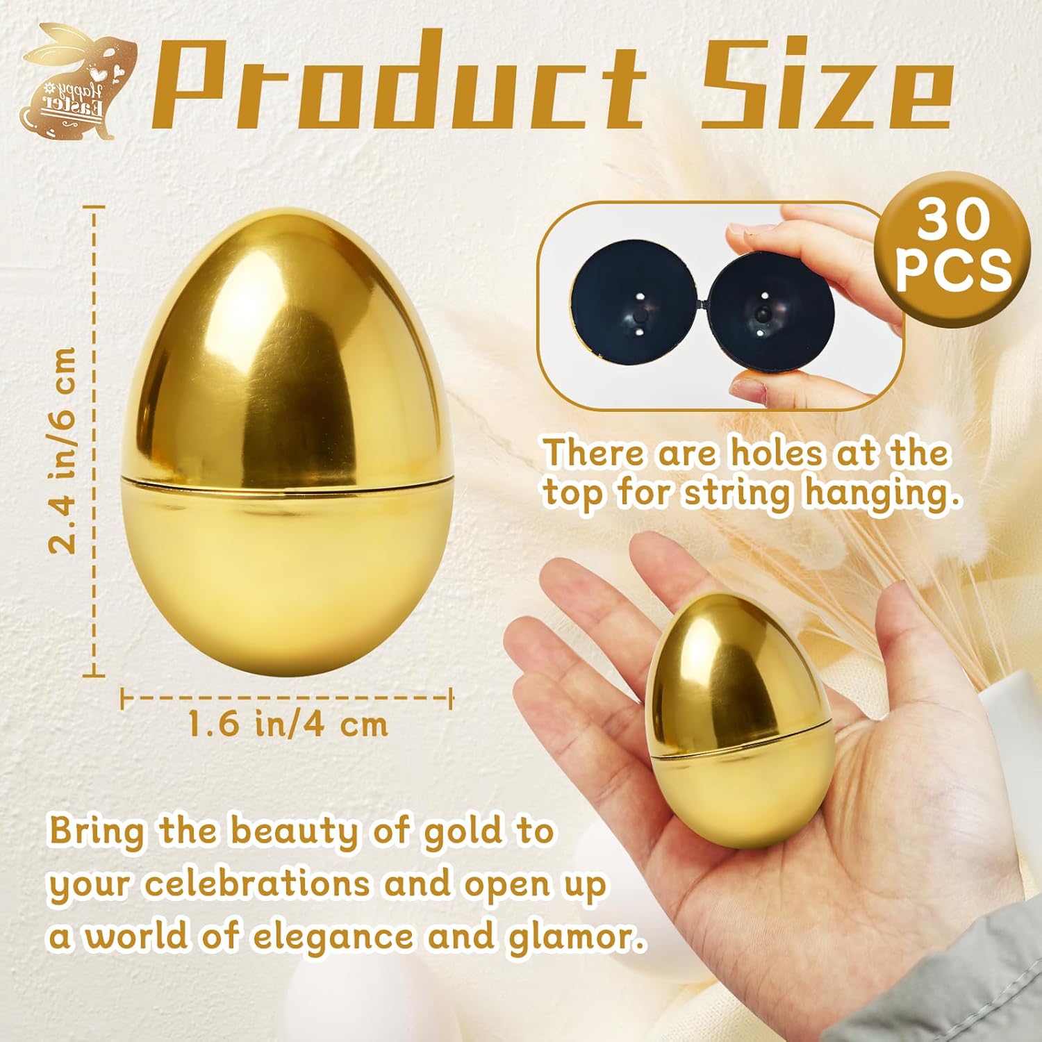 30 Pcs Gold Easter Eggs,2.3" Bulk Plastic Metallic Empty Easter Eggs,Fillable Shiny Golden Easter Egg for Easter Hunt Supplies,Basket Stuffers,Party Favor — image 2