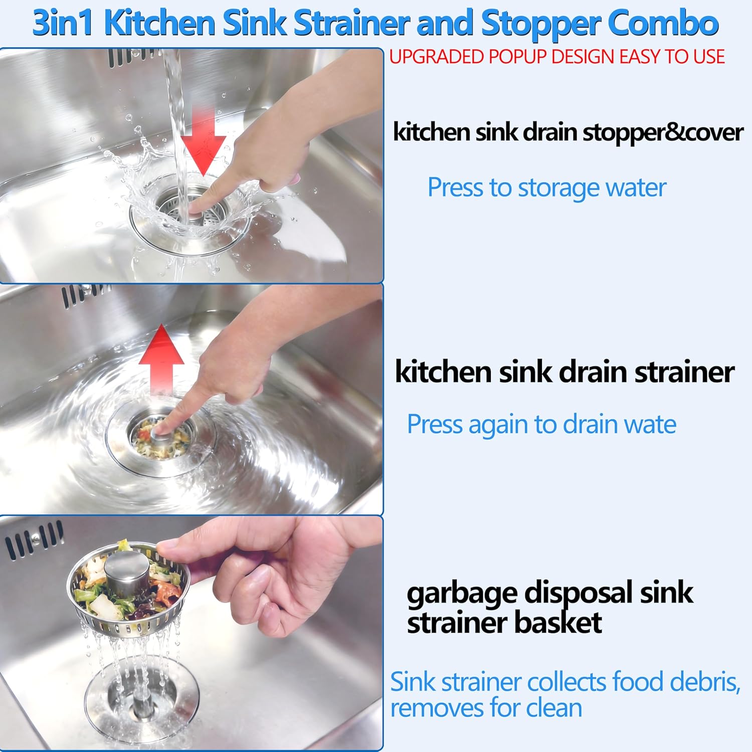 3-in-1 Kitchen Sink Drain Strainer Stopper, Upgraded Stainless Steel Sink Plug with Anti-Clog Filter Basket, Fits Standard 3-1/2 Inch Drain Hole, Pop Up — image 4