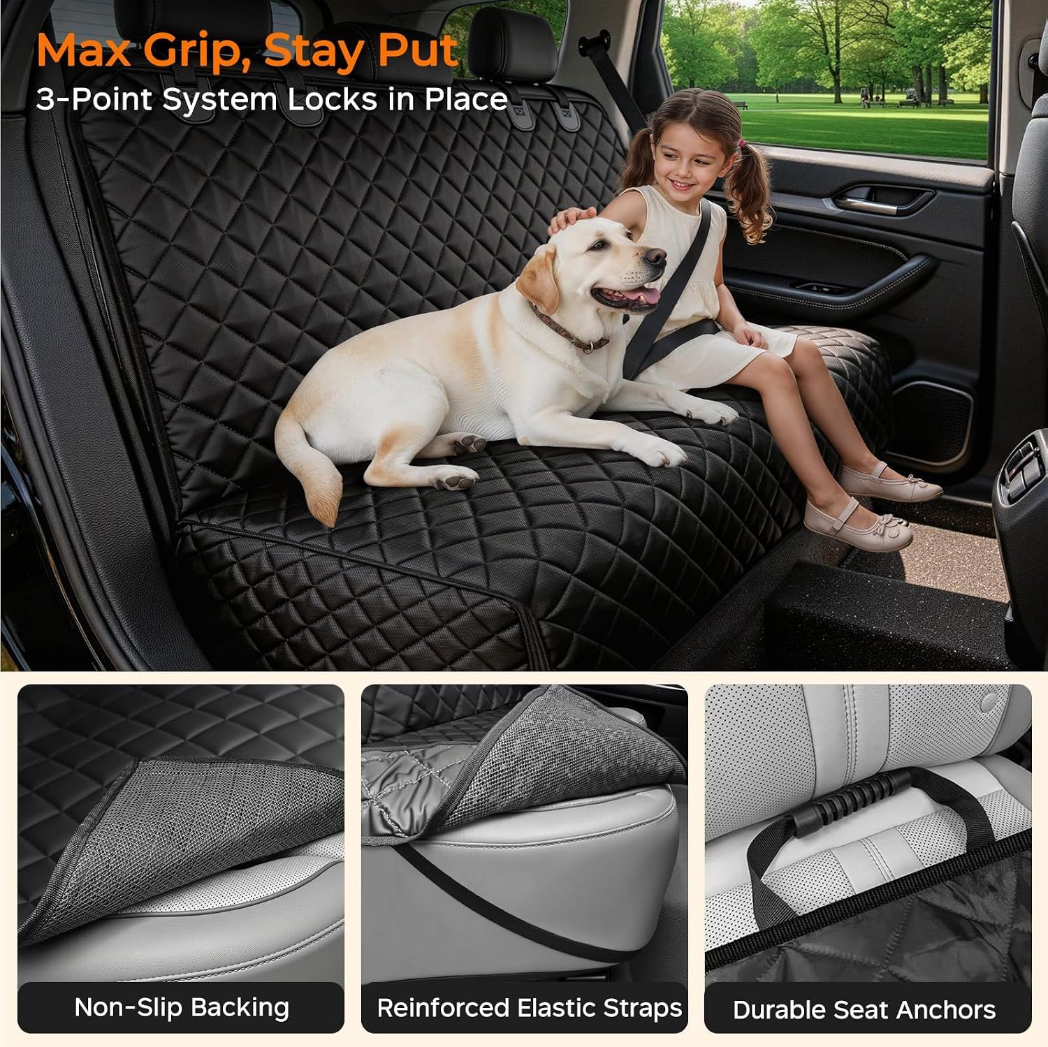 Dog Car Back Seat Cover, Waterproof Non-Slip 600D Oxford Rear Bench Protector for Mid-Size Cars and SUVs, Machine Washable, Black — image 4
