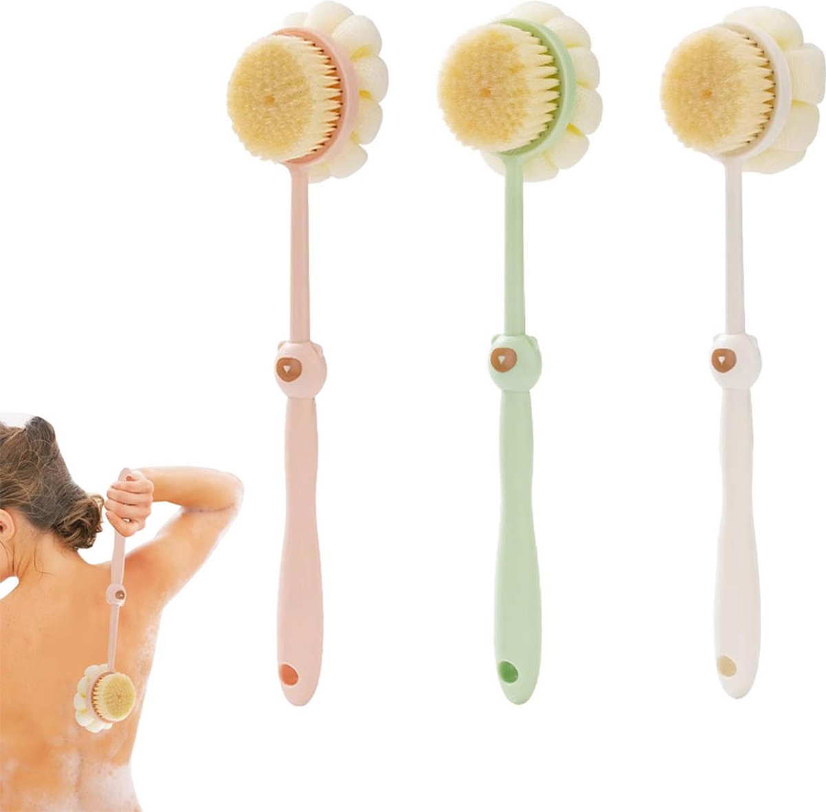 Bath Brush - 3 Pieces - Back Brush Shower with Long Handle - Body Brush - Double-Sided - Massage - Rich Lather - Back Scrubber - Shower Brush - Back Brush