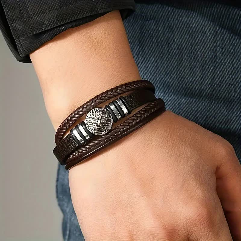 2PCS Handwoven Tree of Life Magnetic Clasp Bracelet, featuring a black synthetic leather double-layer design. Blending vintage charm with contemporary style โ image 3