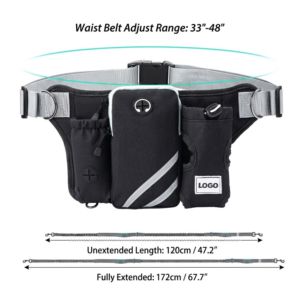 Hands-Free Dual Dog Leash Waist Pack for Running, Walking, and Hiking – Adjustable Oxford Belt with Reflective Strips, Shock-Absorbing Bungee Leashes, 360° — image 3