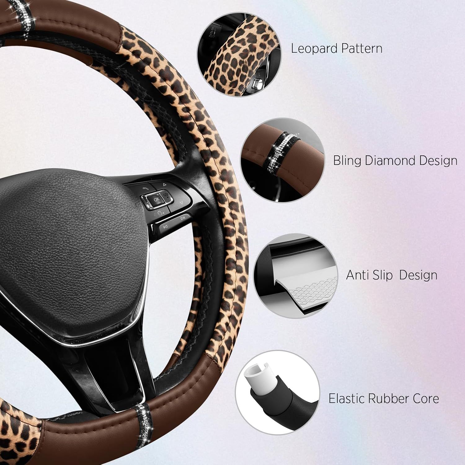 Leopard Steering Wheel Cover for Women, Cute Anti-Slip Microfiber Leather, Fits D Shape Flat Bottom Steering Wheel 14.5-15 Inch - Brown โ image 4