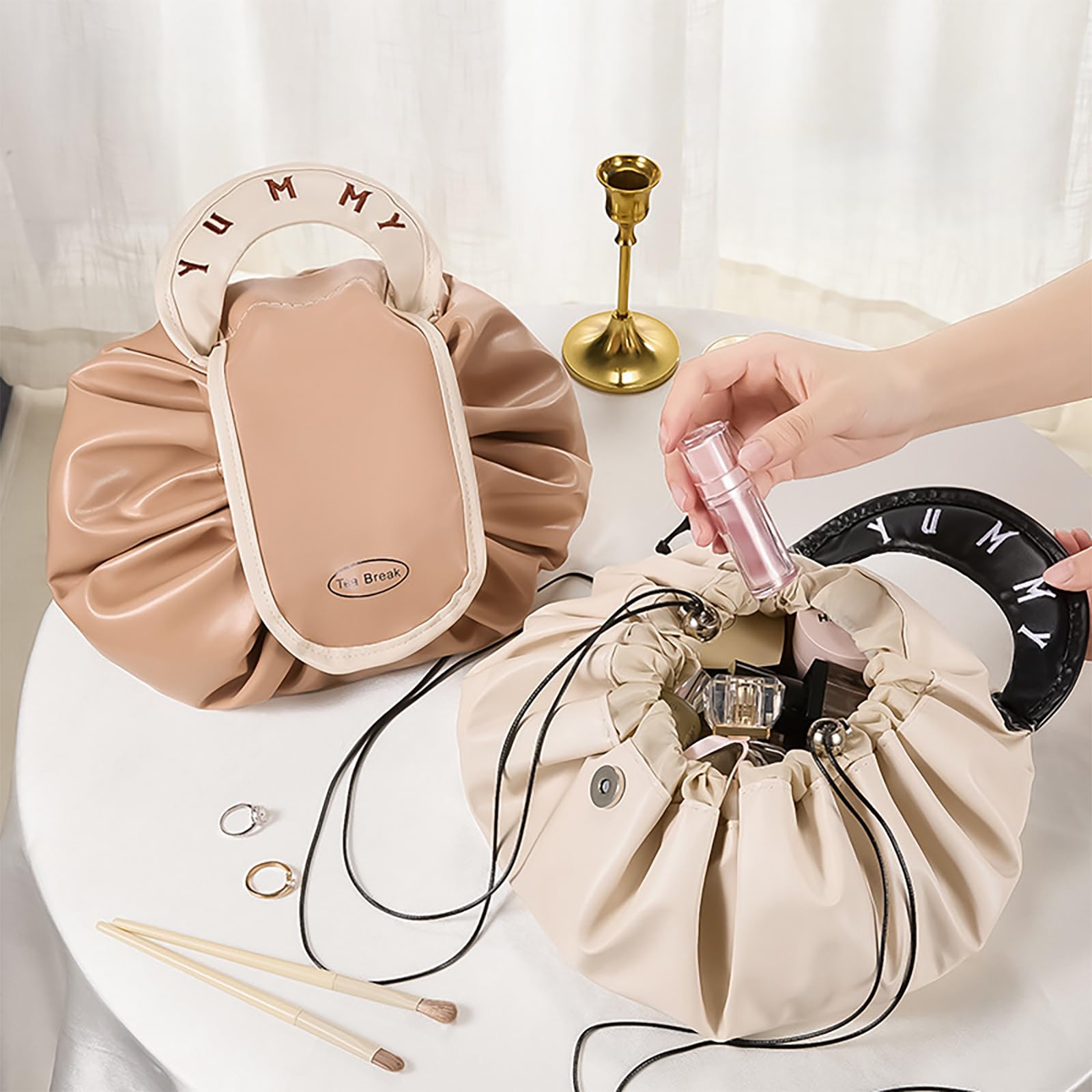 Foldable Drawstring Toiletry Bag, Water-Resistant Cosmetic Organiser with Zipped Compartments for Makeup, Skincare and Travel, Pink โ image 5