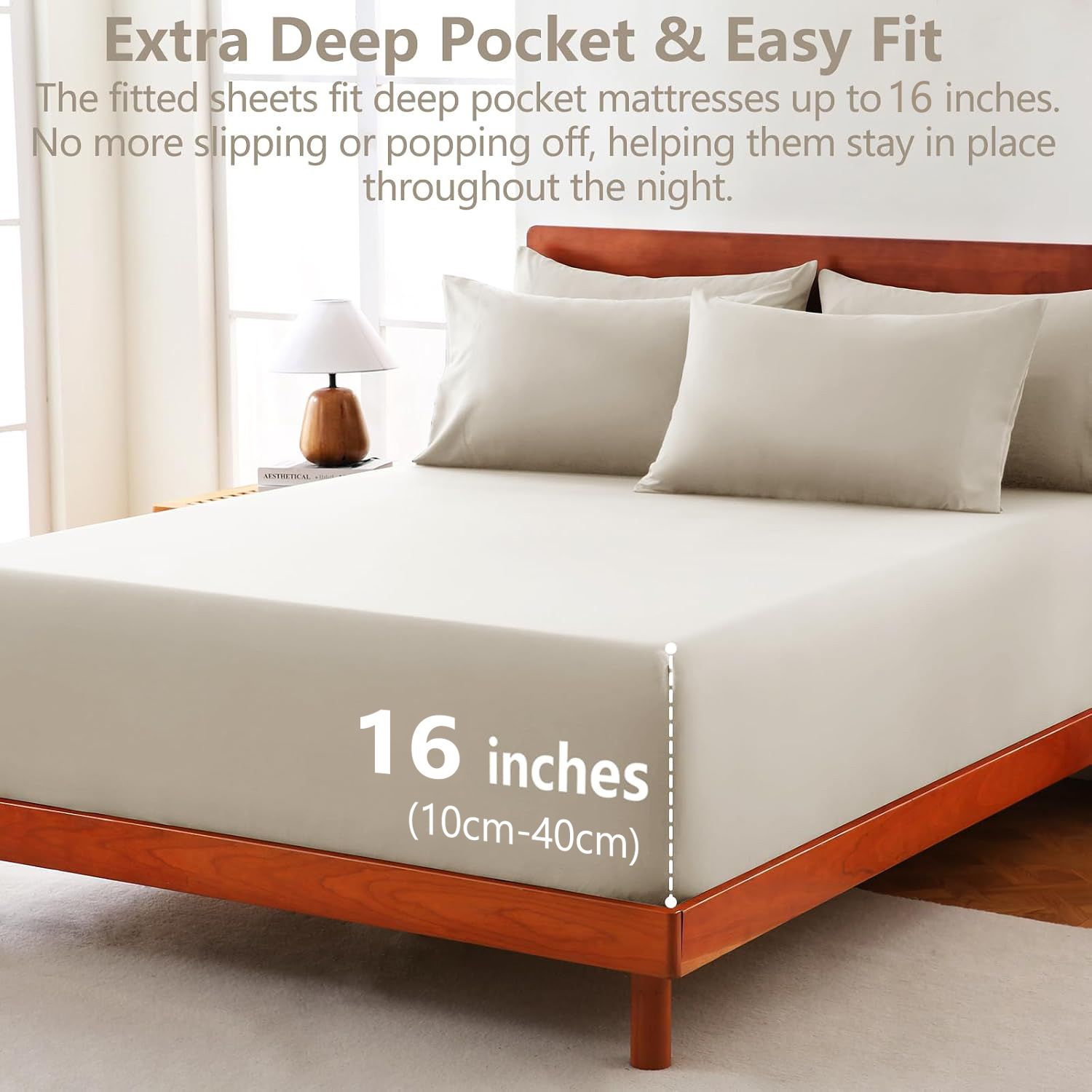 Hotel Soft Bed Sheet Set- Bedding Sheets & Pillowcases -Breathable Bedding - Wrinkle, Fade, Stain Resistant-Deep Pocket Flat Fitted Bed Sheet Set(Cream — image 2