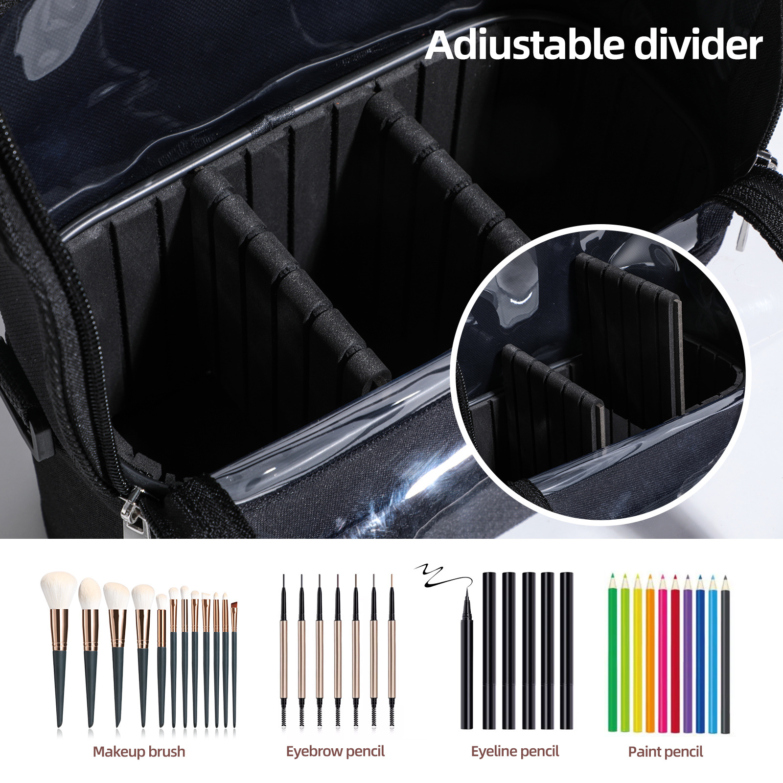 Black Professional Makeup Bag Organizer - Large Capacity Travel Cosmetic Case with Brush Holder, Adjustable Dividers & Shoulder Strap โ image 4