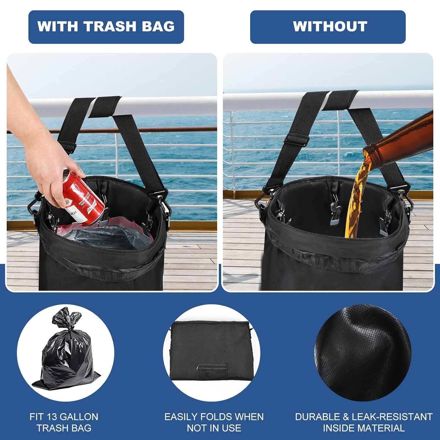 13 Gallon (49L) Waterproof Marine Trash Bag Holder with 6 Clips and Pocket, Reusable Waste Bin for Boat, Fishing, Sandbars & Camping, Black — image 4