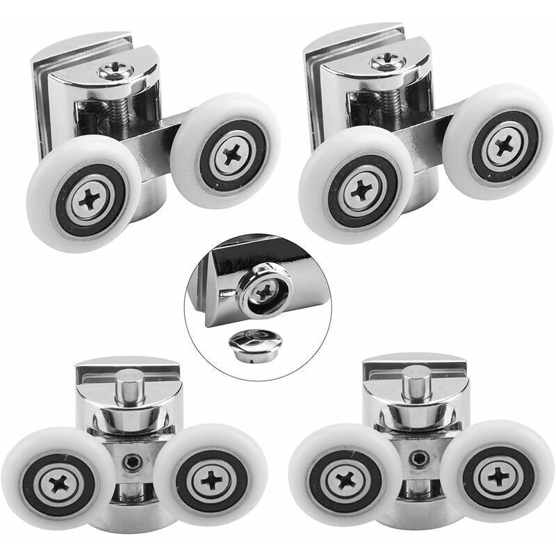 4 Pcs Double Castors, 2 Zinc Alloy Bathroom Castors Diameter for Sliding Shower Door, 23mm Diameter