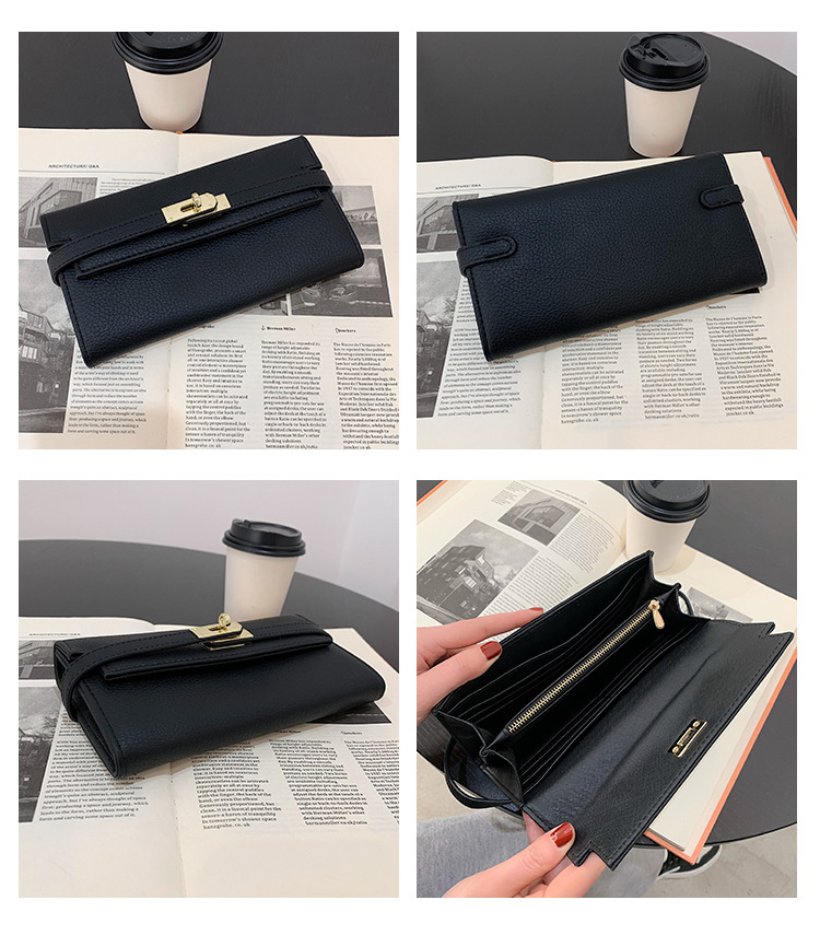 Black Elegant Women's Turn Lock Long Wallet - Black PU Leather Clutch Purse with Card Slots & Zipper Pocket — image 3