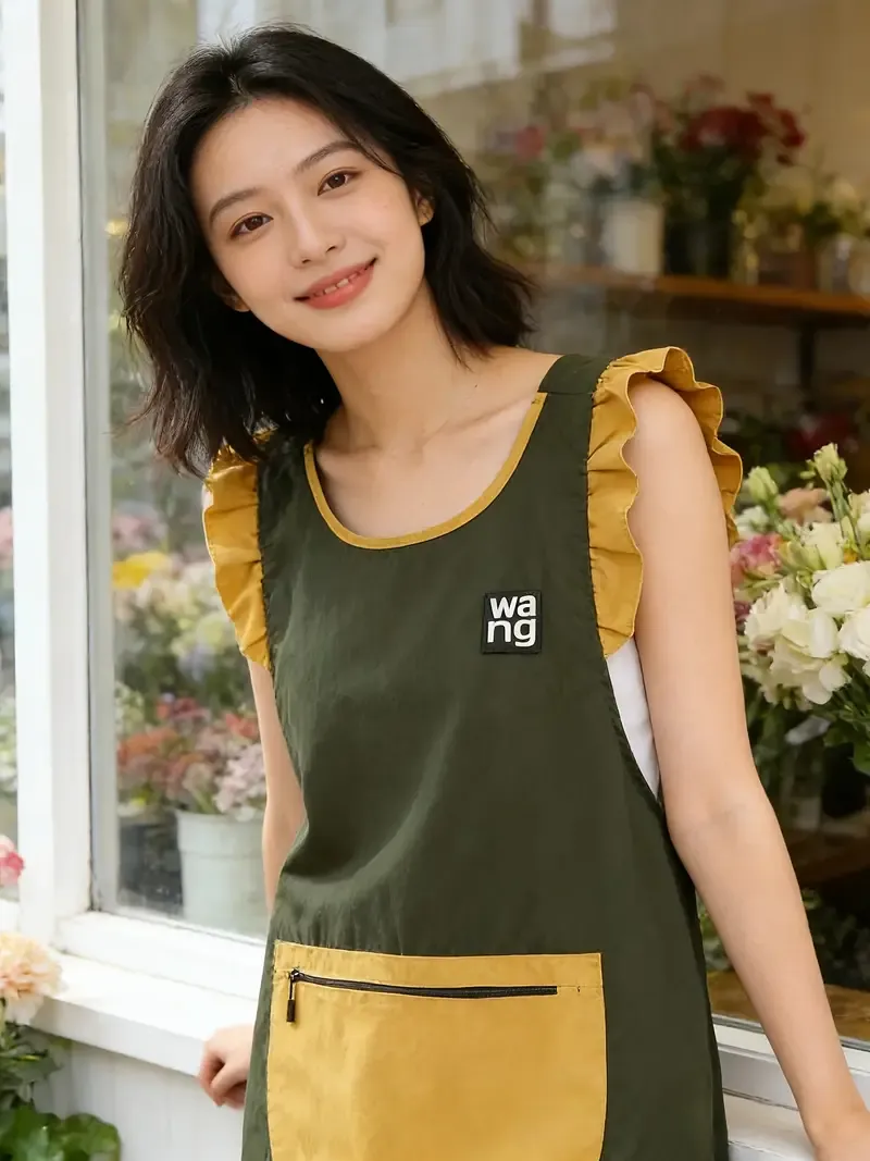 Fashion Waterproof Apron with Ruffled Sleeves, Zippered Large Pocket & Back Tie, Waterproof & Breathable Non-Stuffy — image 5