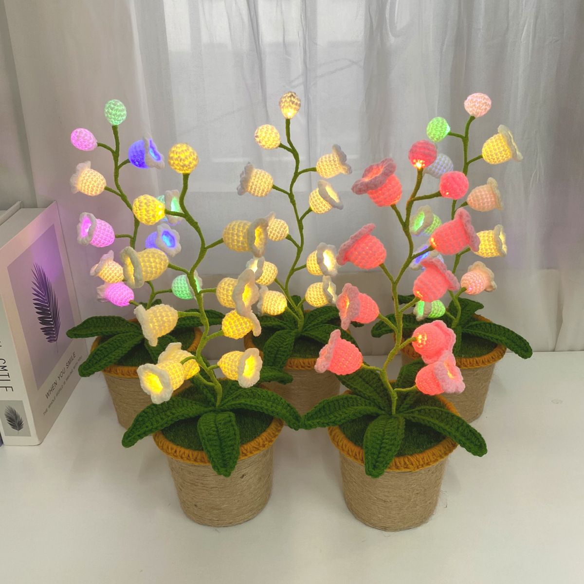 Yellow Crochet Single Lily of the Valley Night Light - Handmade Cotton Yarn LED Potted Flower White Lamp, 3 Brightness Adjustment, Battery Operated Desk Decor โ image 5