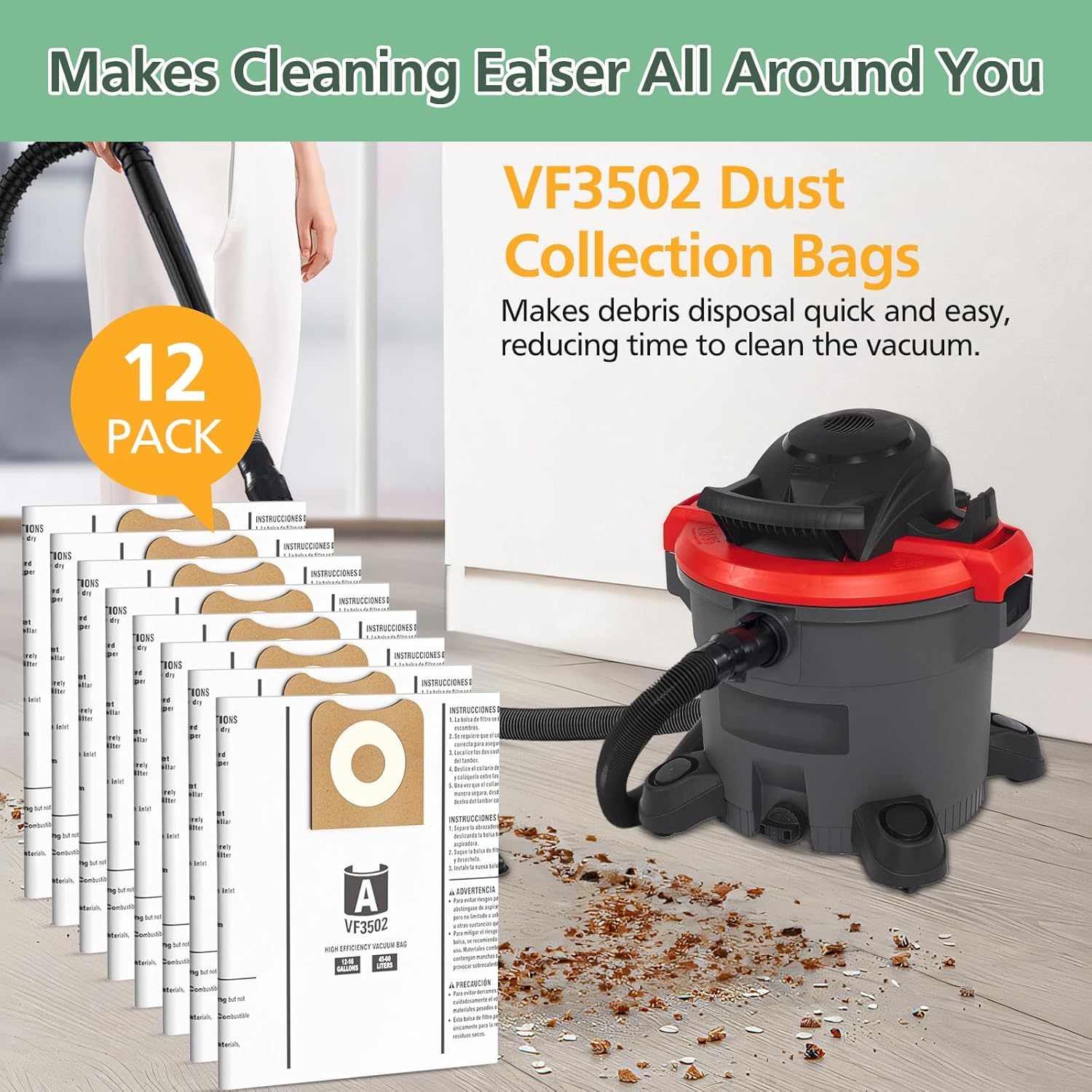 12 Pack 23743 VF3502 Vacuum Bags Compatible with Ridgid 12 to 16 Gallon Wet Dry Vacuums, High Efficiency Replacement Filter Bags for Model WD1950 WD1956 WD1850 — image 6