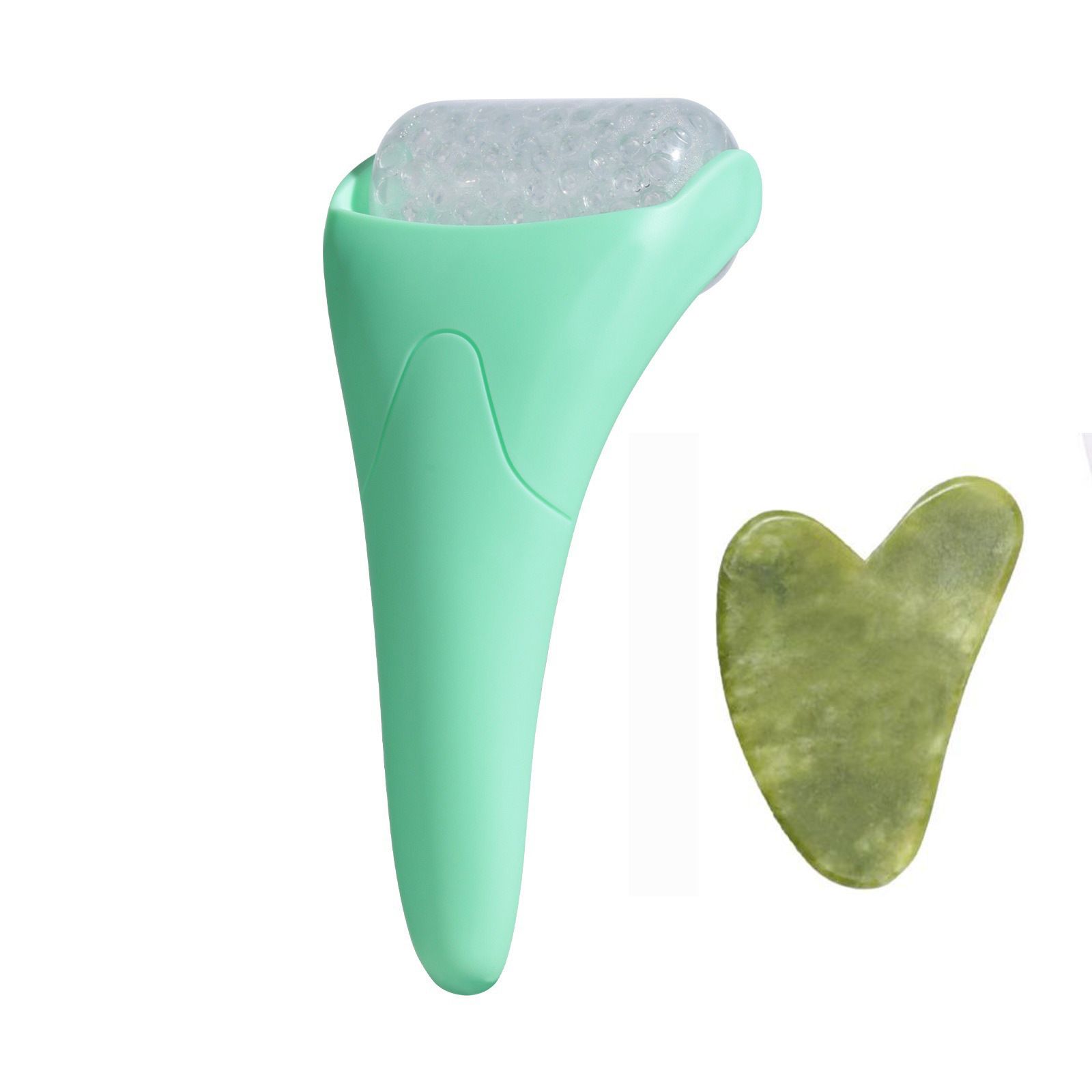 2-piece Green Face Ice Roller with Gel Cooling Head and Gua Sha Board- Reusable PP and Gel Cold Massage Tool for De-Puffing, Soothing, and Refreshing Skin