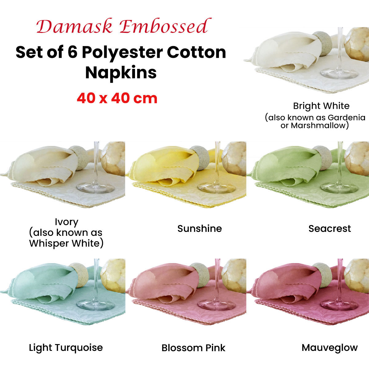 Set of 6 Damask Embossed Polyester Cotton Napkins Bright White (also known as Gardenia or Marshmallow) 40 x 40cm โ image 2