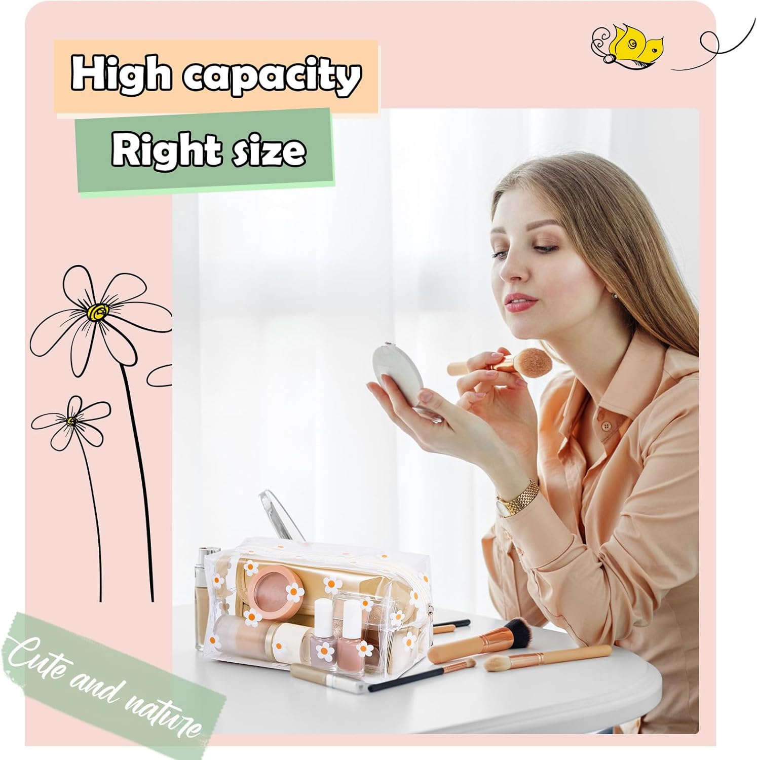 Amylove 2 Pack Cute Flower Makeup Bags Daisy Zipper Pouches Floral Pencil Pouch Portable Toiletry Pouches for Women Travel Vacation Bathroom School โ image 5