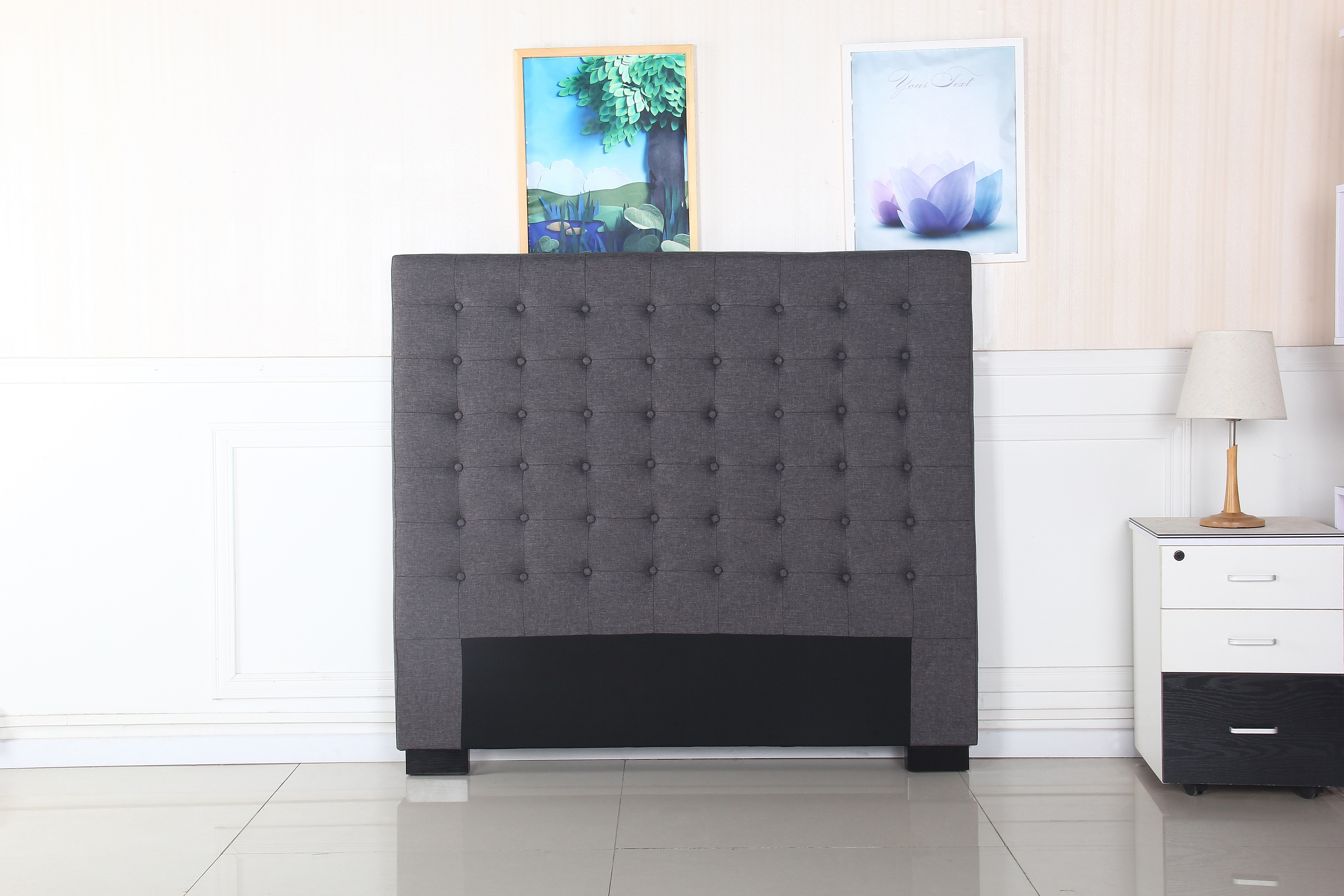 Bed Head Double Charcoal Headboard Upholstery Fabric Tufted Buttons — image 2