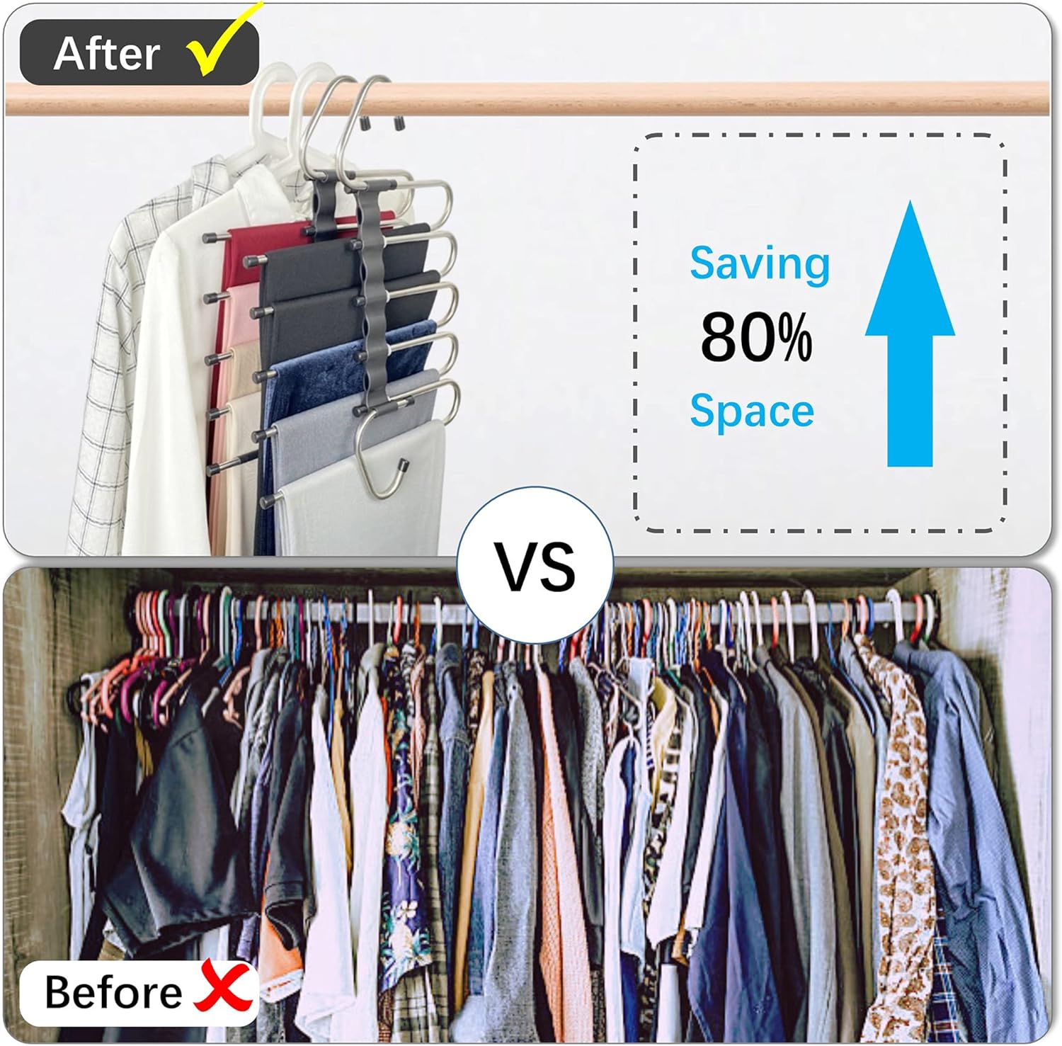 Magic Pants Hangers Space Saving - 2 Pack for Closet Multiple Layers Multifunctional Uses Rack Organizer for Trousers Scarves Slack (2 Pack with 10 Metal โ image 2