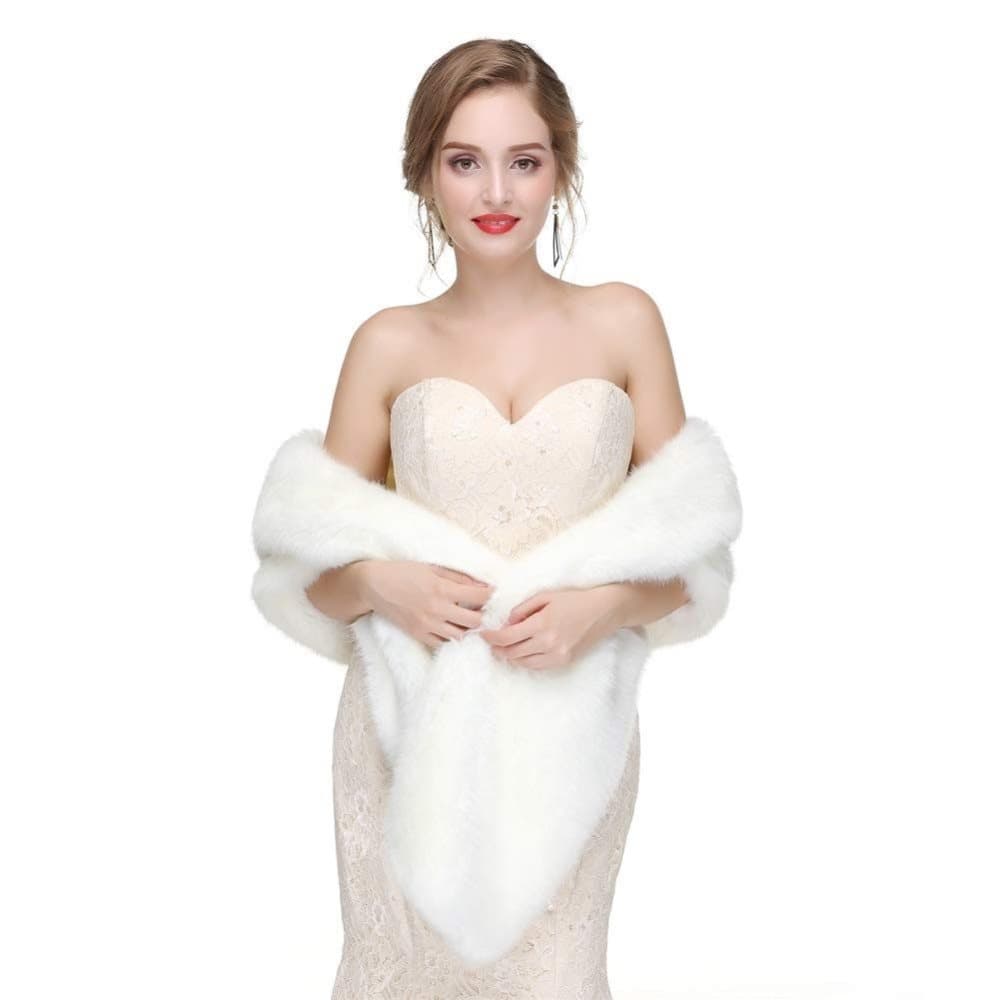 White Faux Fur Scarf Shawl for Women, Warm Large Long, with Faux Fur Trim, for Party Wedding Evening Dress Winter — image 3