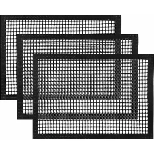 3 Pack Reusable Fibreglass Grill Mats with Non-Stick PTFE Coating for Gas, Charcoal Grills and Pellet Smokers, Black, 40 × 33 cm