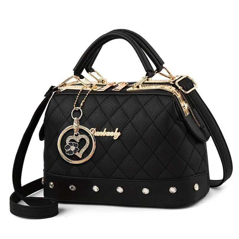 Women'S Handbag Quilted Handbag Studded Handbag Black Handbag Gold Toned - Gray - Size 25-13-16 — image 2