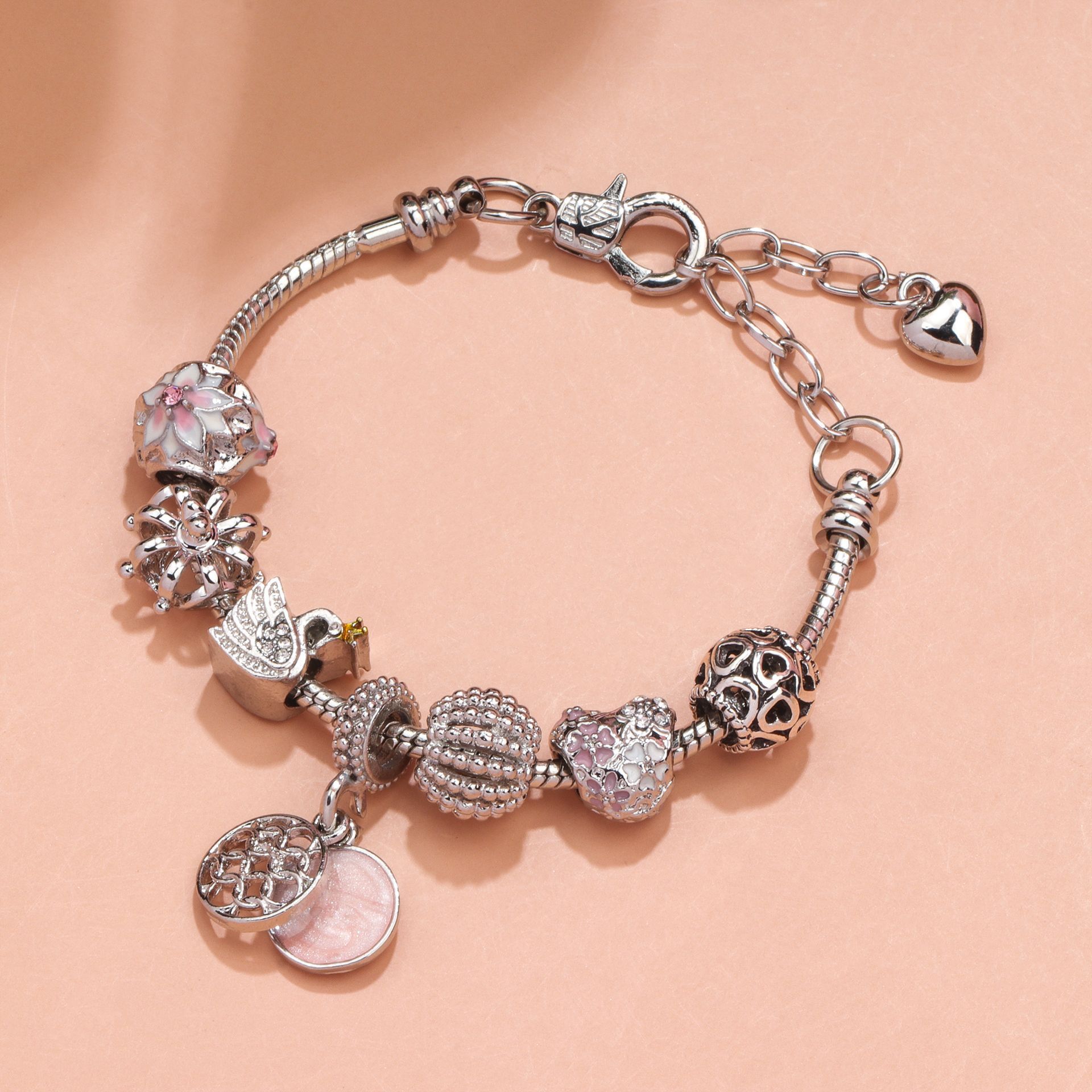 Hollow Crystal-Encrusted Swan Crown Flower Heart Bracelet(silver,18cm) โ image 3