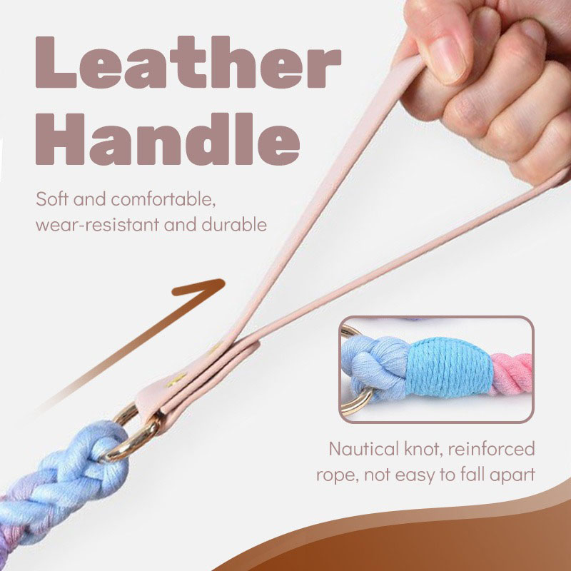 Purple Hand-Woven Rainbow Cotton Rope Dog Leash and Collar Set - Adjustable Veg-Tanned Leather Trim with Heavy Duty Metal Hardware - 150cm Training โ image 3