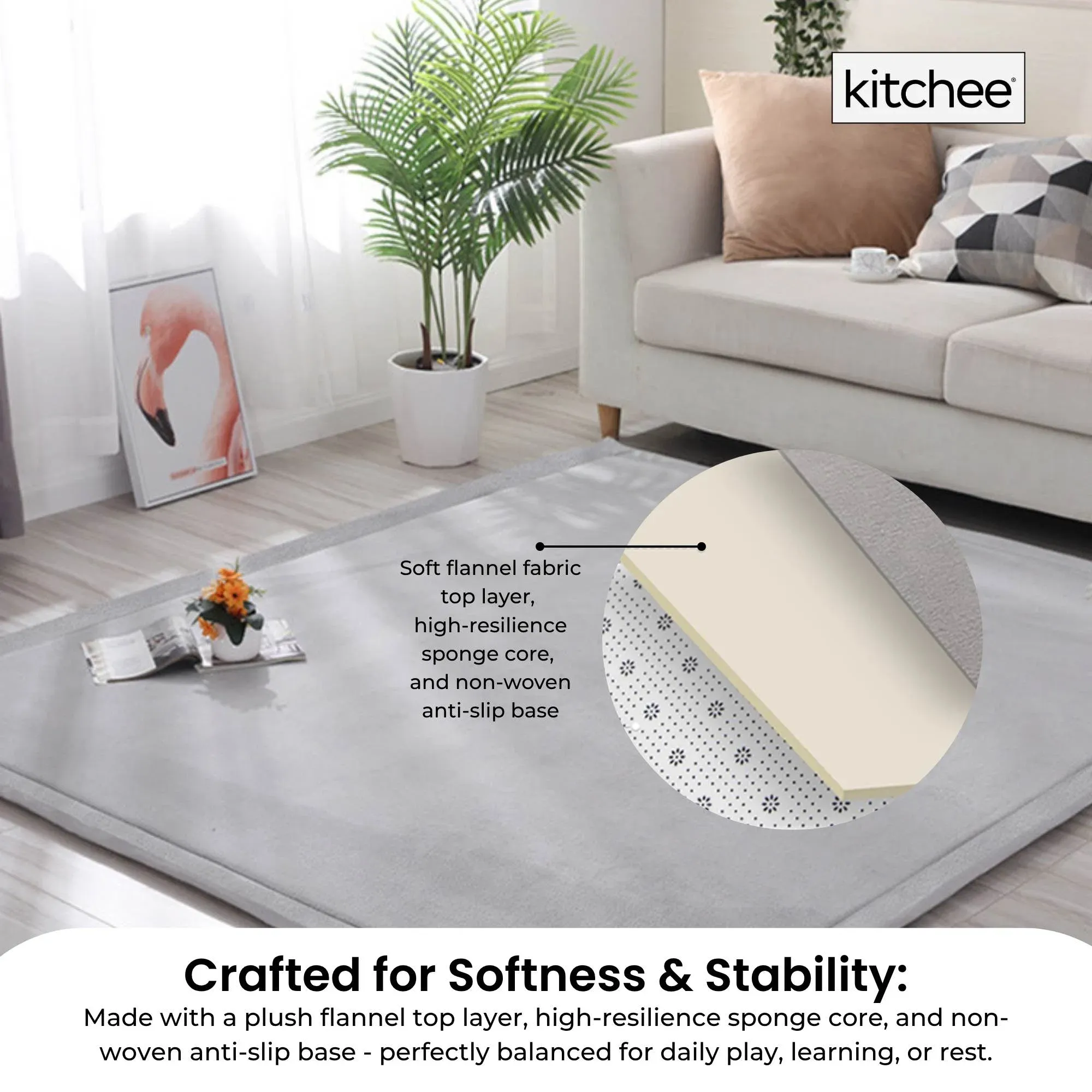 Kitchee Foam Floor Mat 200x200cm - Padded Thick Soft Tatami Style Rug Grey — image 3